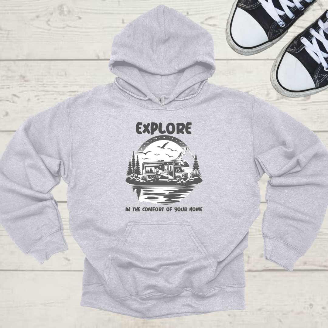 Explore In The Comfort Of Your Home Unisex RV Road Trip Adventure Graphic Hoodie
