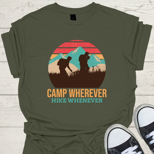 Camp Wherever Hike Whenever Mens Camping Outdoor Adventure Graphic Tee