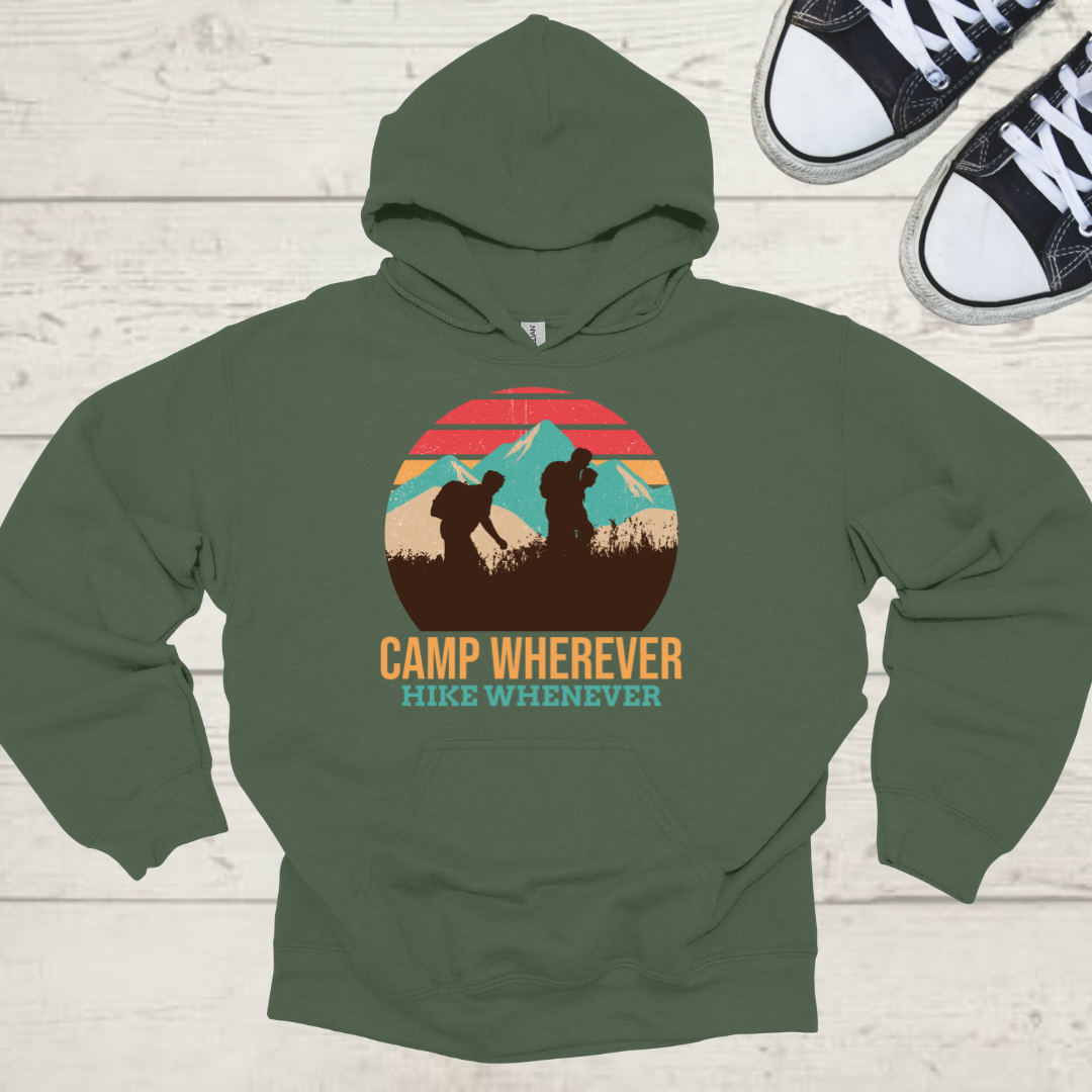 Camp Whenever, Hike Wherever Unisex Camping Outdoor Adventure Graphic Hoodie