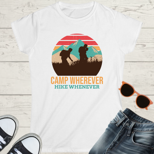 Camp Wherever Hike Whenever Womens Camping Outdoor Adventure Graphic Tee