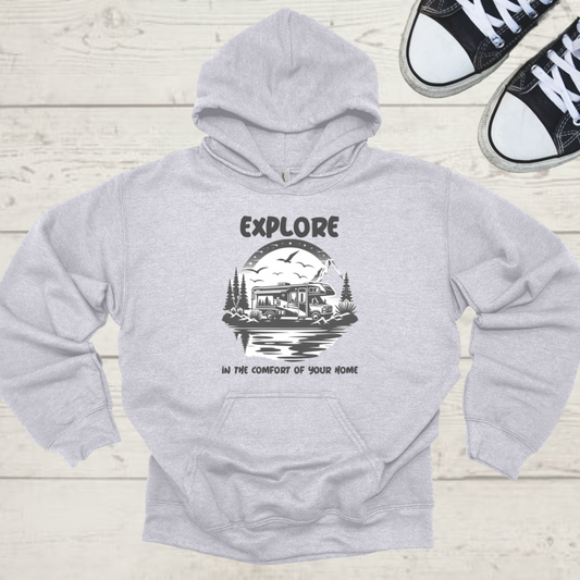 Explore In The Comfort Of Your Home Unisex RV Road Trip Adventure Graphic Hoodie