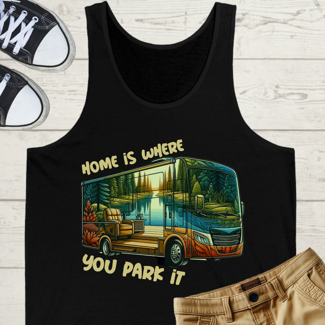 Home is Where You Park It Mens RV Road Trip Adventure Graphic Tank